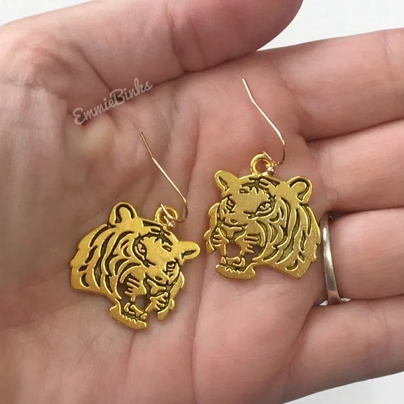 New Golden Etched Tiger Earrings | Auburn Tigers | LSU | Clemson Mascot Football - Picture 6 of 16